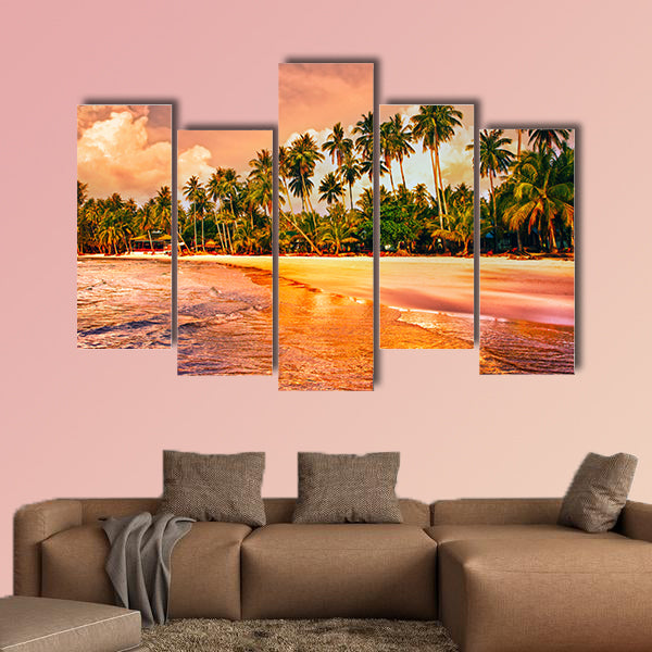 Beautiful tropical beach with palm trees at sunset Multi panel canvas wall art