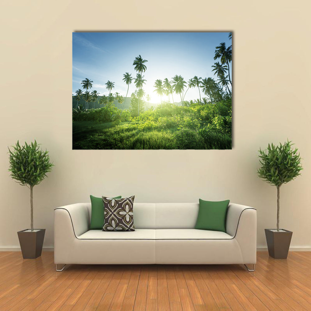 The Beautiful Sunset Scene In The Jungle, Seychelles, Multi Panel Canvas Wall Art
