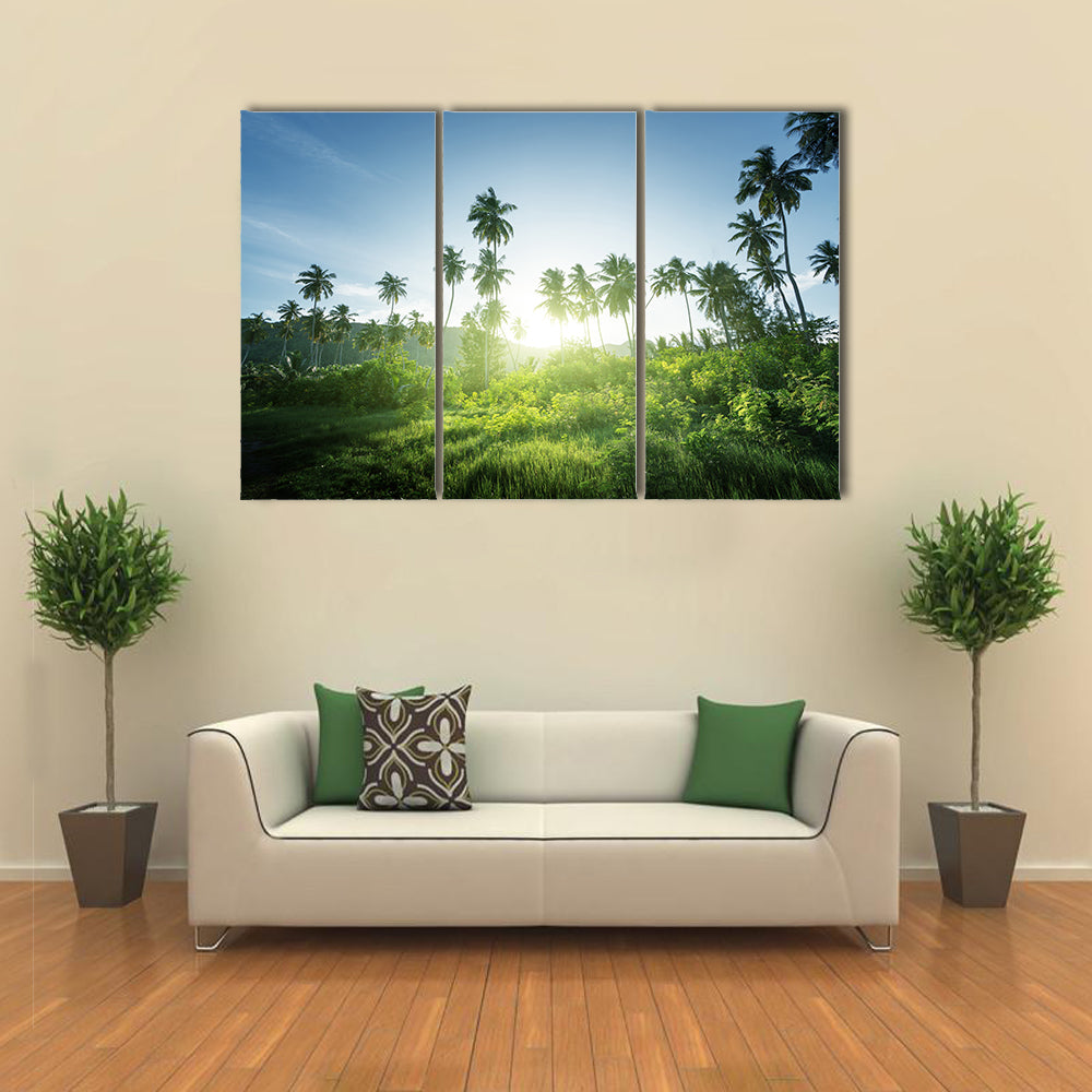 The Beautiful Sunset Scene In The Jungle, Seychelles, Multi Panel Canvas Wall Art
