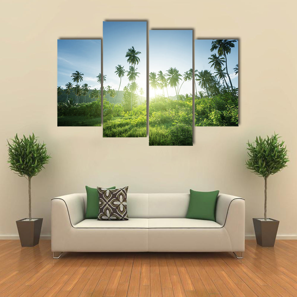 The Beautiful Sunset Scene In The Jungle, Seychelles, Multi Panel Canvas Wall Art
