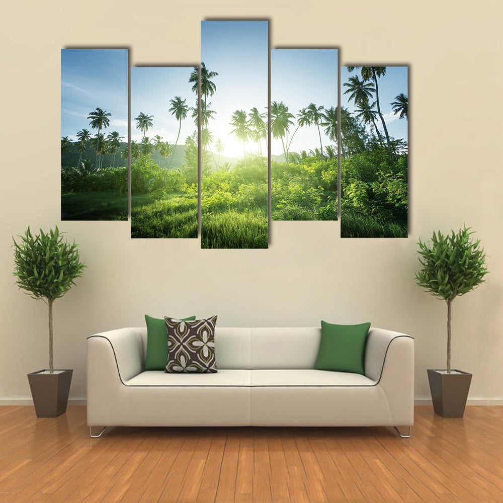 The Beautiful Sunset Scene In The Jungle, Seychelles, Multi Panel Canvas Wall Art