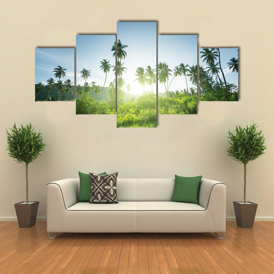The Beautiful Sunset Scene In The Jungle, Seychelles, Multi Panel Canvas Wall Art