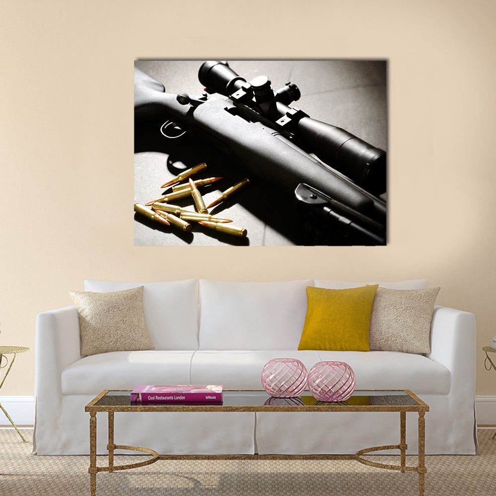 Sniper rifle with bullets multi panel canvas wall art