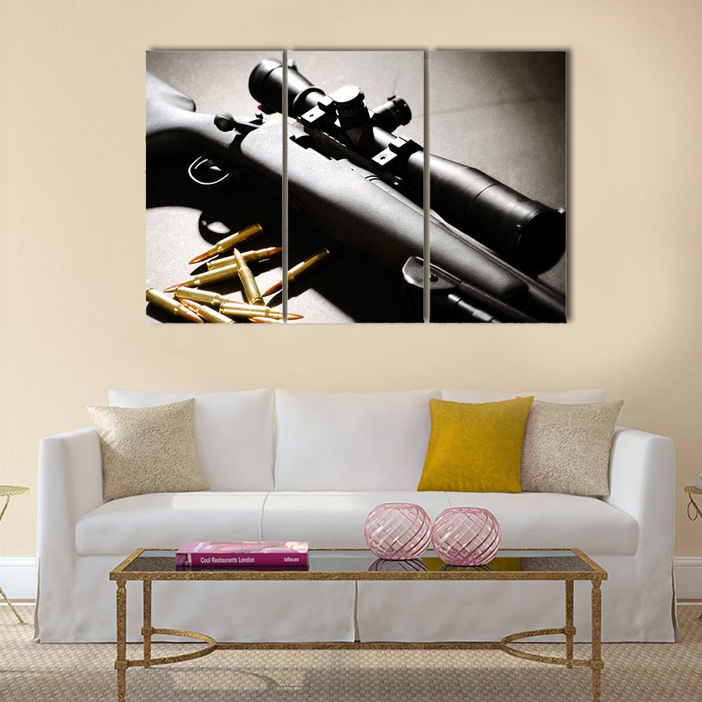 Sniper rifle with bullets multi panel canvas wall art