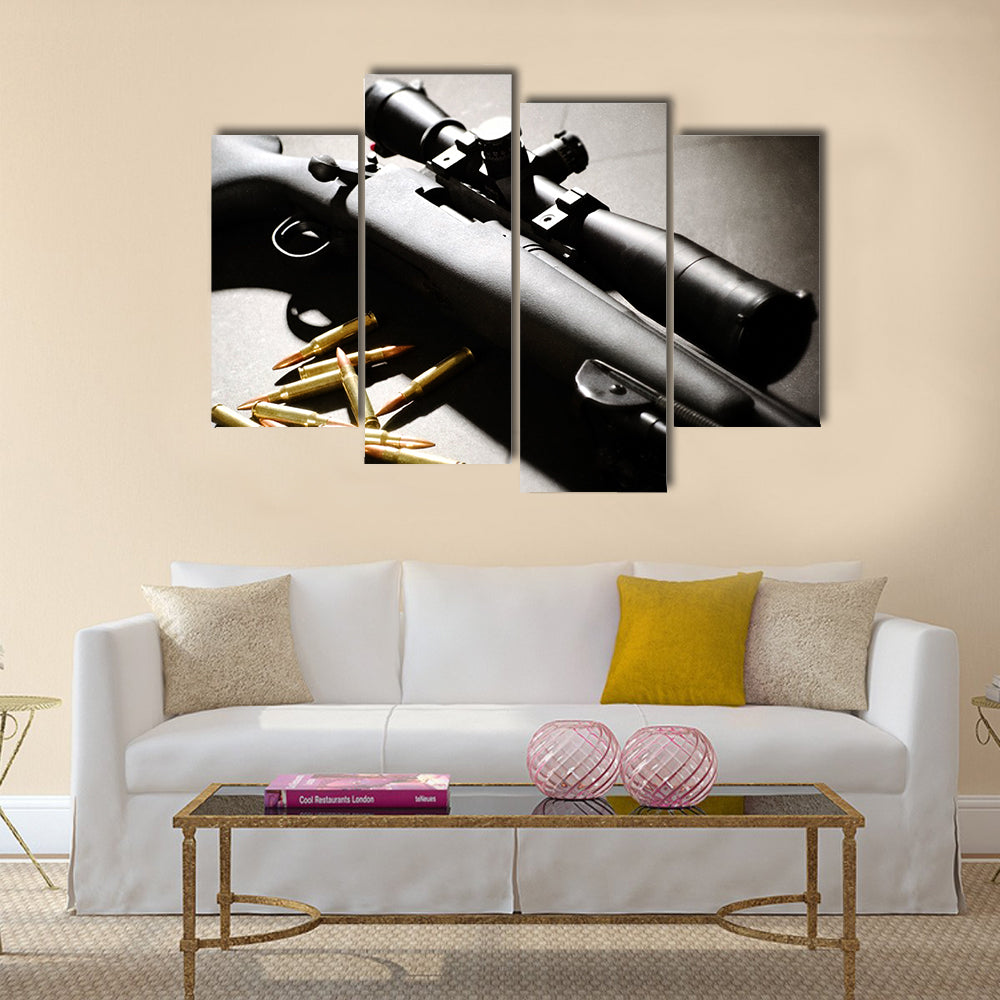 Sniper rifle with bullets multi panel canvas wall art