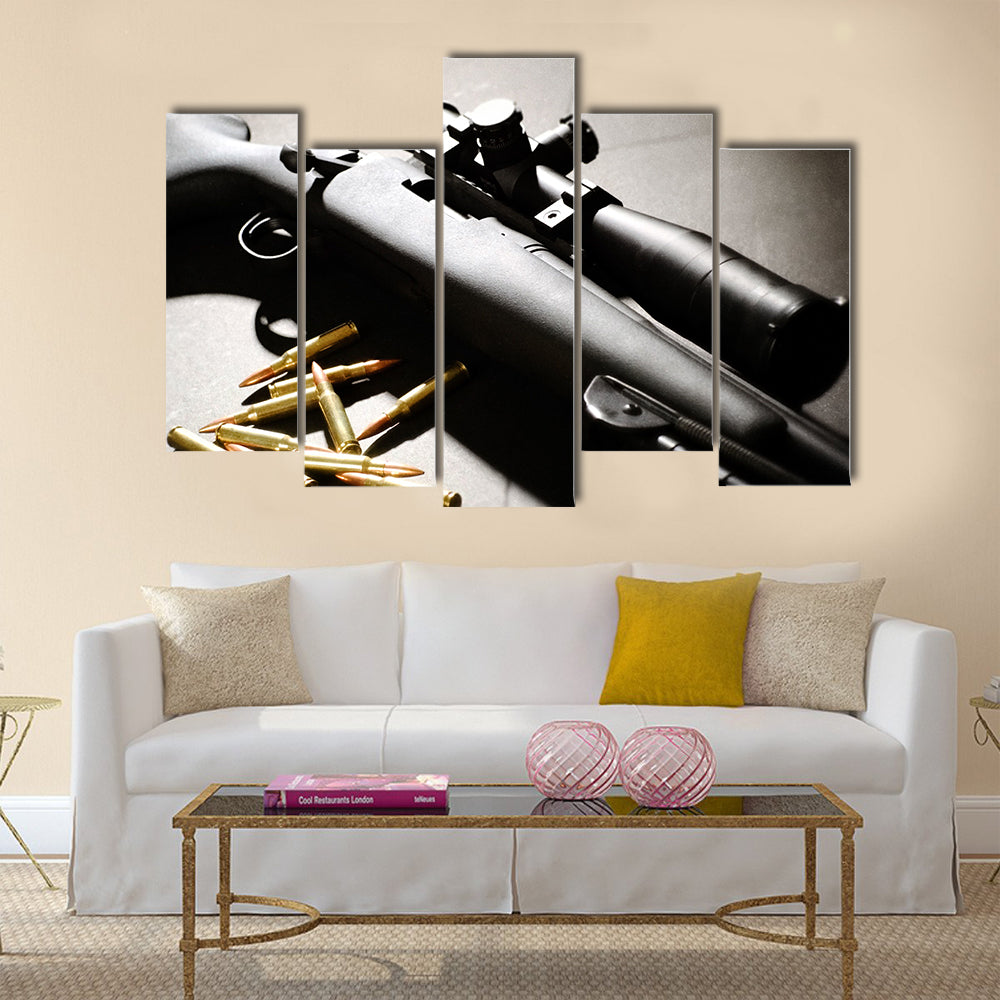 Sniper rifle with bullets multi panel canvas wall art