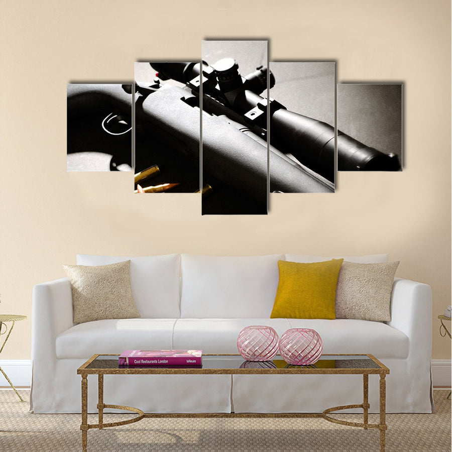 Sniper rifle with bullets multi panel canvas wall art