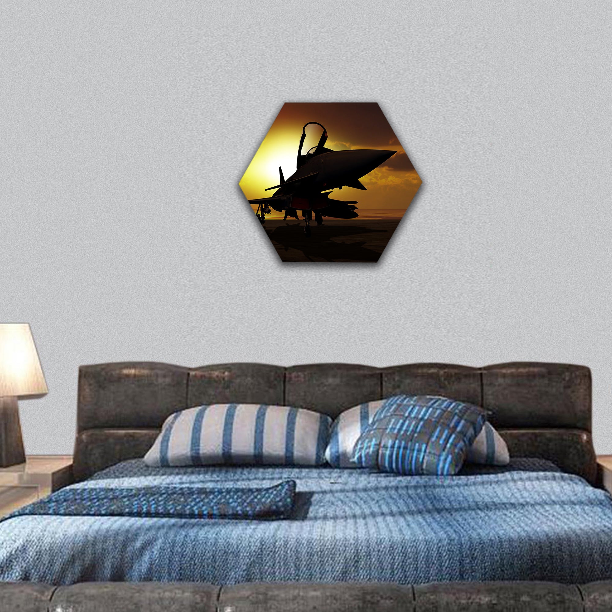Fighter plane at sunset on carrier ship hexagonal canvas wall art