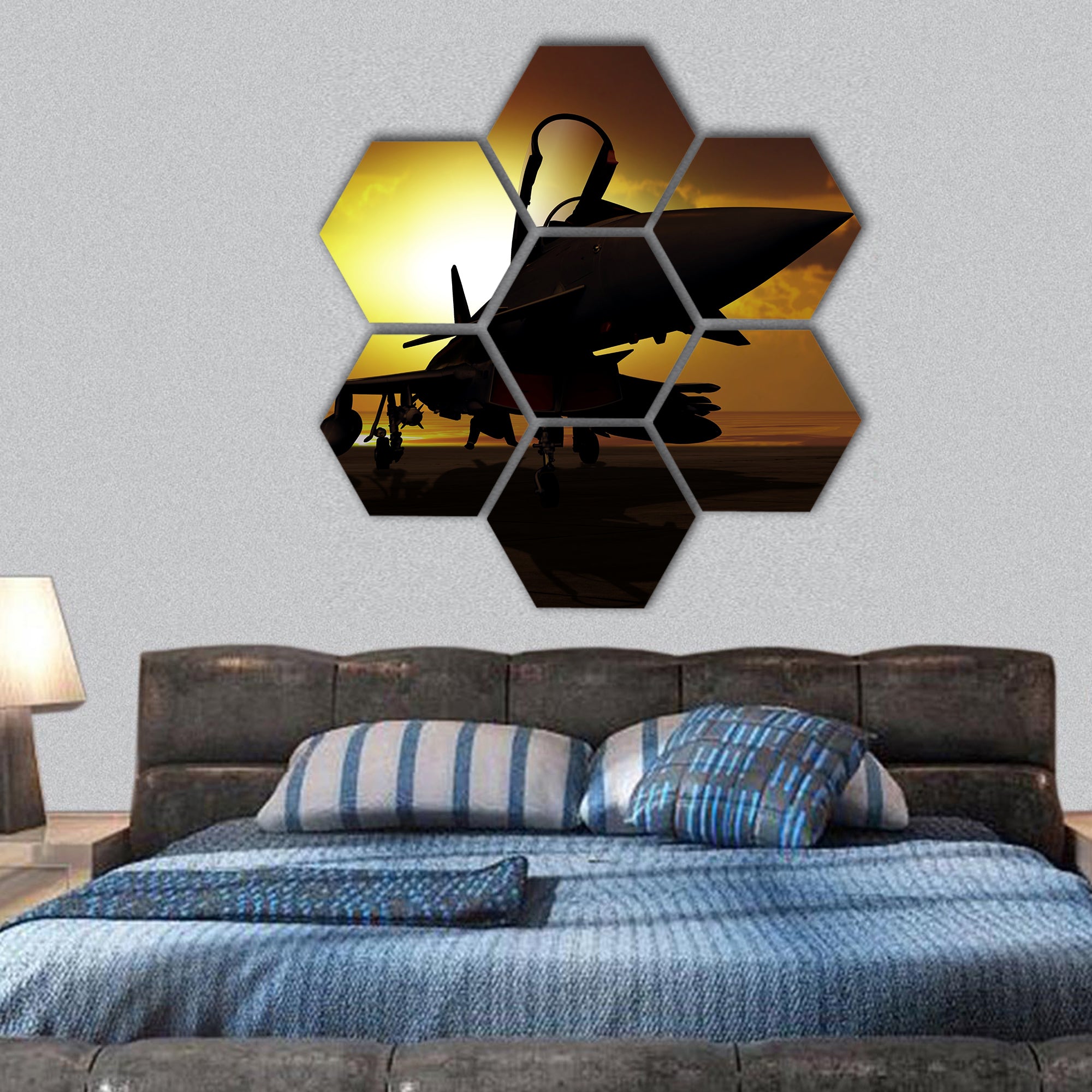 Fighter plane at sunset on carrier ship hexagonal canvas wall art