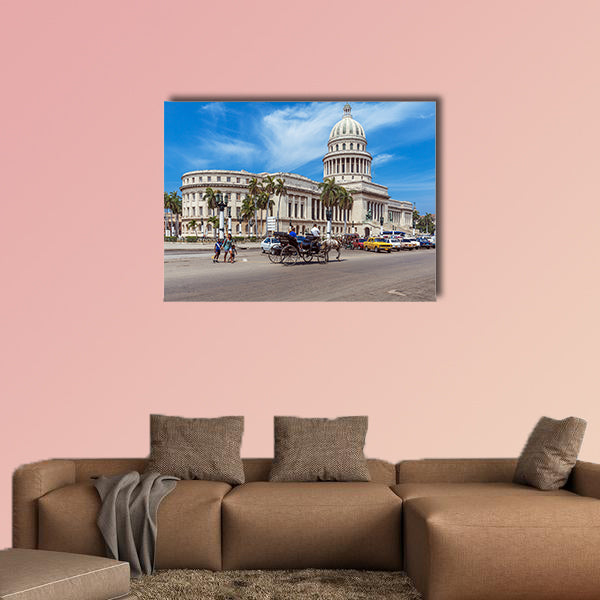 Heavy traffic with horse carriages, motorbikes and vintage cars multi panel canvas wall art