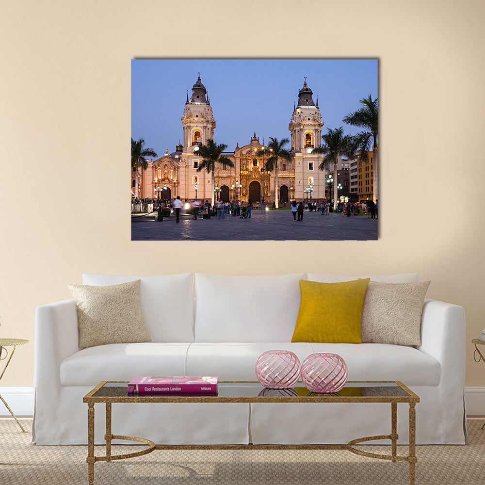 The Basilica Cathedral of Lima at sunset multi panel canvas wall art