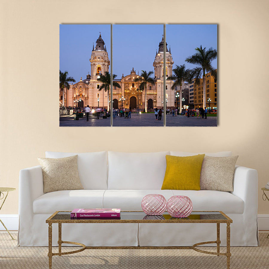 The Basilica Cathedral of Lima at sunset multi panel canvas wall art