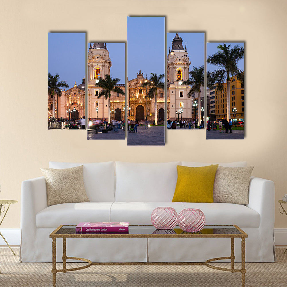 The Basilica Cathedral of Lima at sunset multi panel canvas wall art