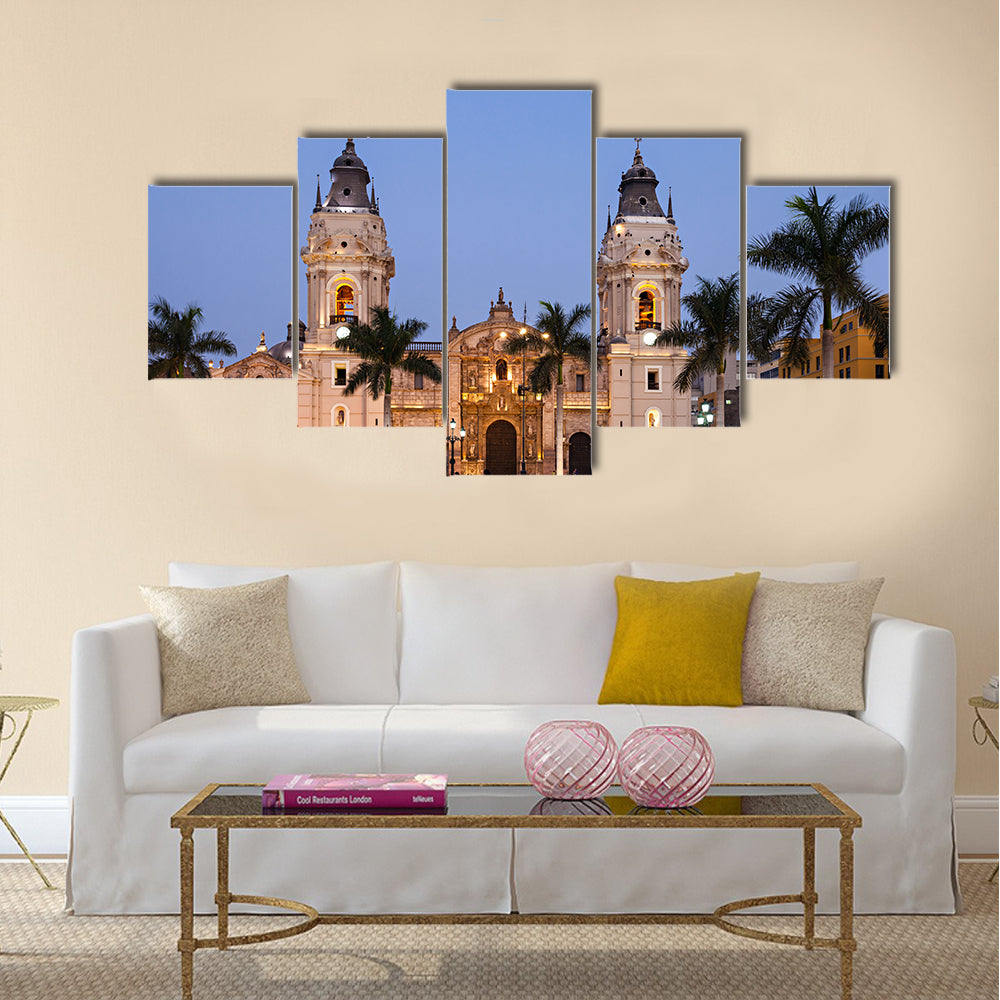 The Basilica Cathedral of Lima at sunset multi panel canvas wall art
