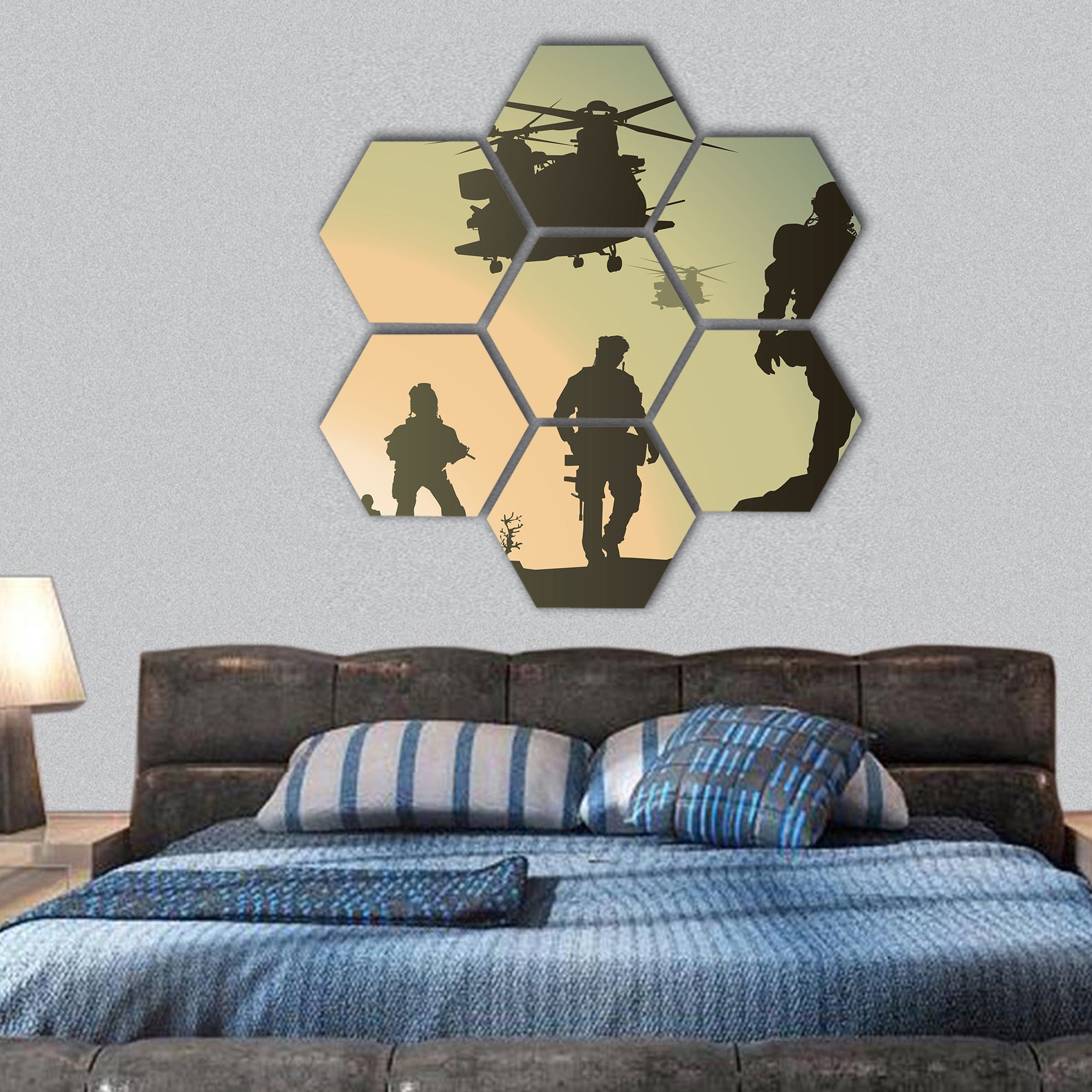 Army in battlefield hexagonal canvas wall art