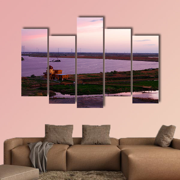 Songhua River ship building clouds sunset multi panel canvas wall art