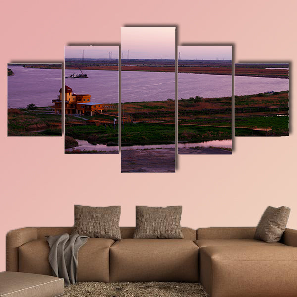 Songhua River ship building clouds sunset multi panel canvas wall art