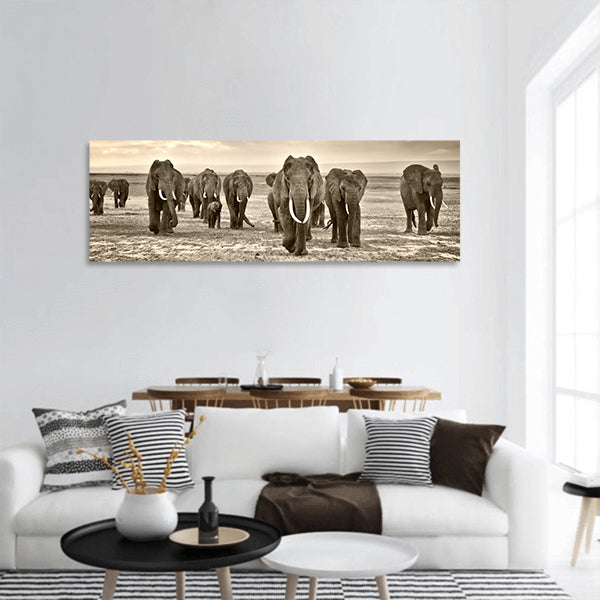 Herd Of Elephants Panoramic Canvas Wall Art