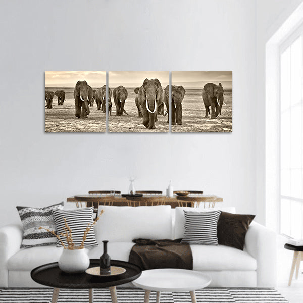 Herd Of Elephants Panoramic Canvas Wall Art