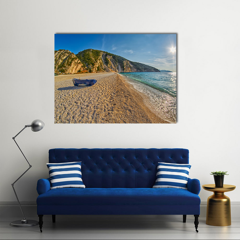 Old Abandoned Fishermen Boat at Empty Sunset Myrtos Beach in Kefalonia, Greece multi panel canvas wall art