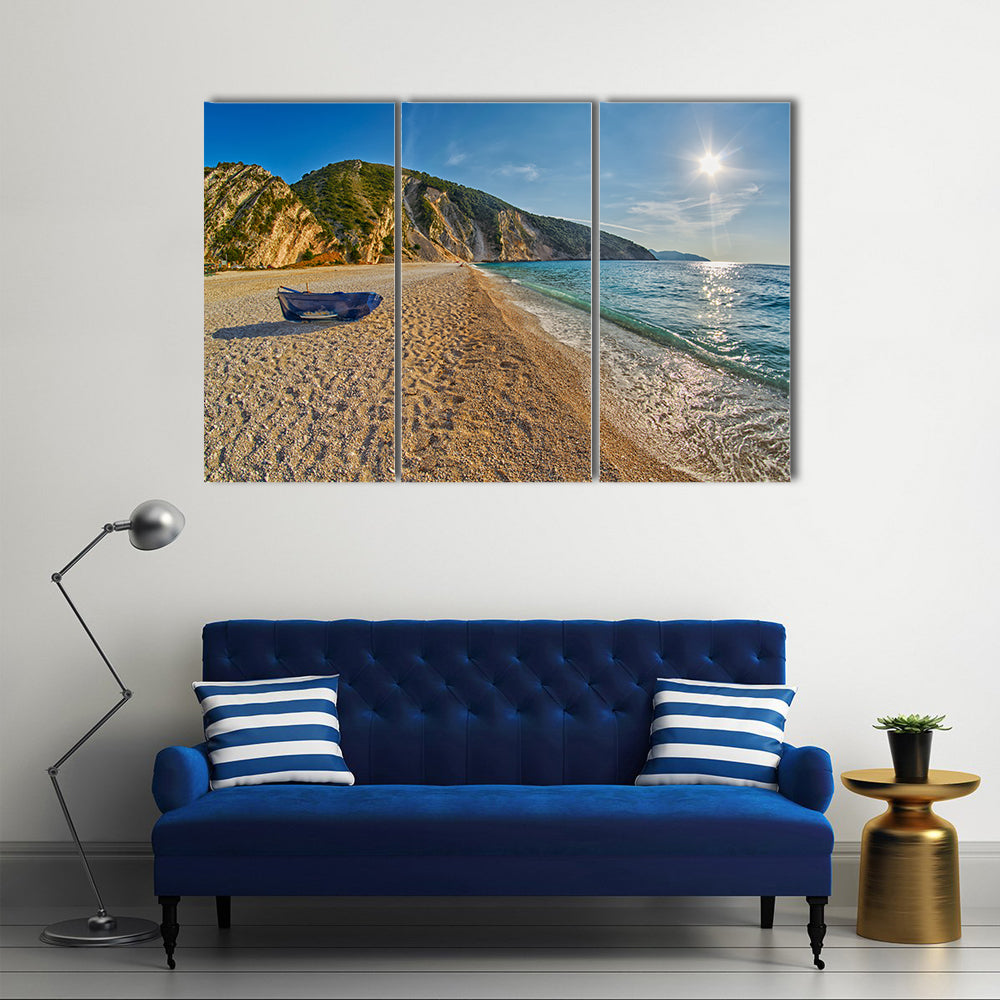 Old Abandoned Fishermen Boat at Empty Sunset Myrtos Beach in Kefalonia, Greece multi panel canvas wall art