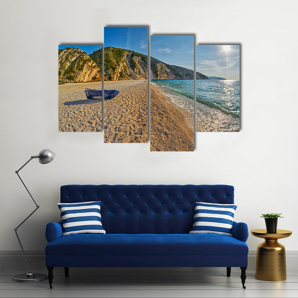 Old Abandoned Fishermen Boat at Empty Sunset Myrtos Beach in Kefalonia, Greece multi panel canvas wall art