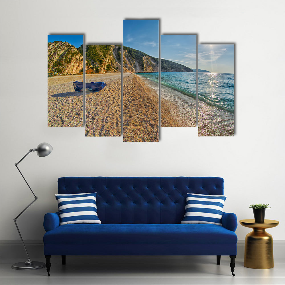 Old Abandoned Fishermen Boat at Empty Sunset Myrtos Beach in Kefalonia, Greece multi panel canvas wall art