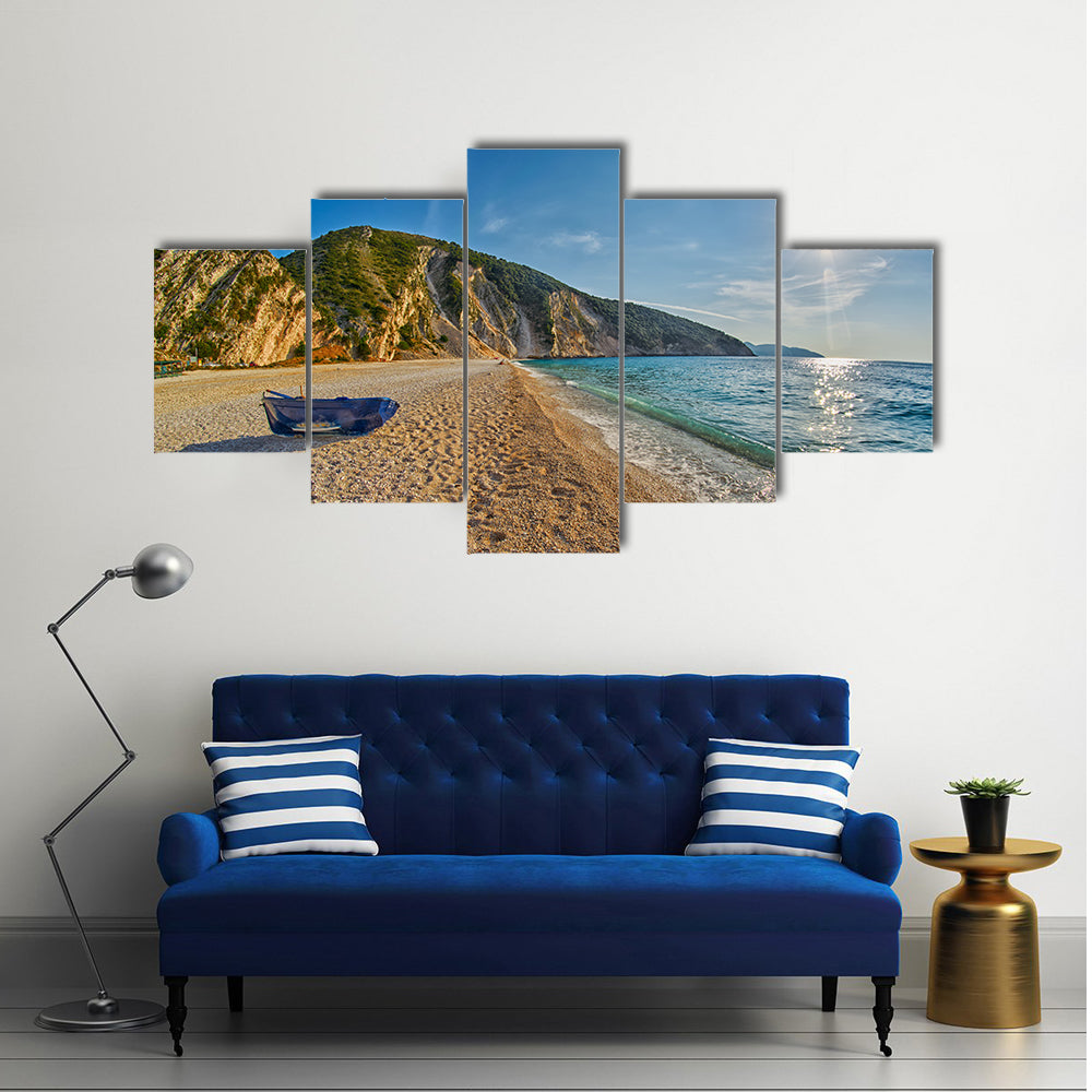 Old Abandoned Fishermen Boat at Empty Sunset Myrtos Beach in Kefalonia, Greece multi panel canvas wall art
