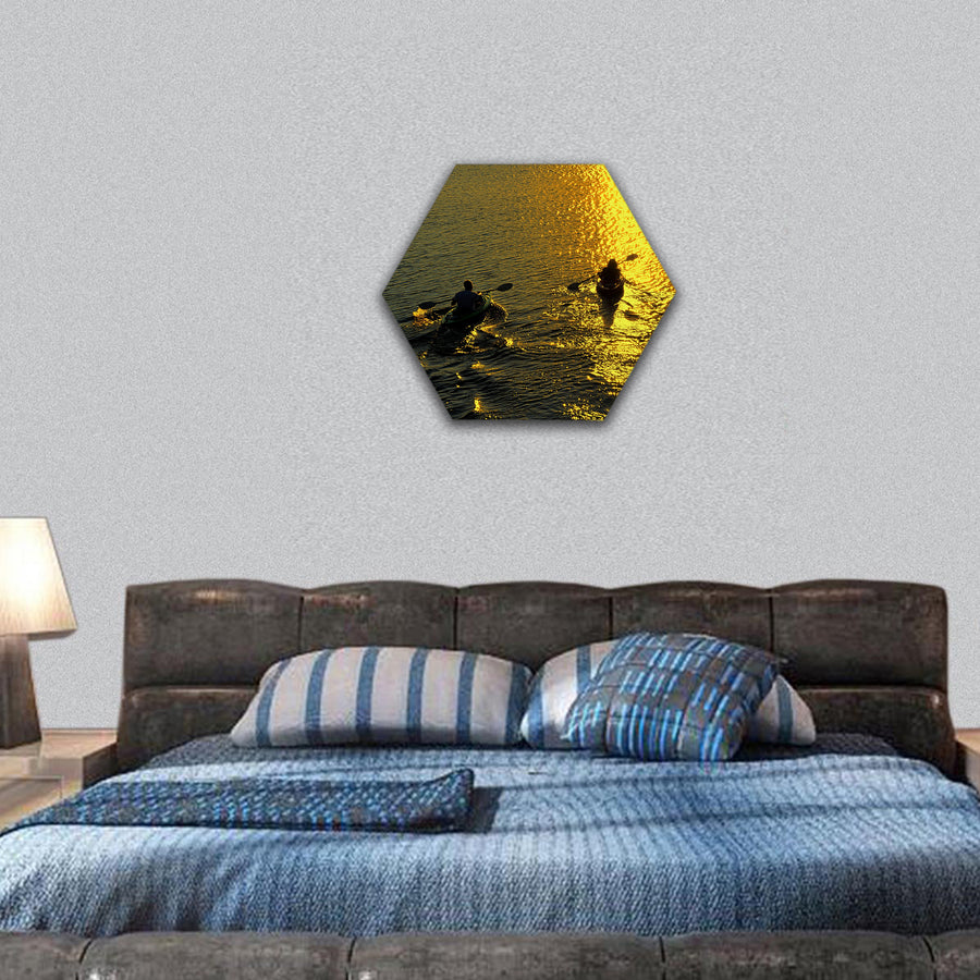 Silhouette of Man and Woman on a Lake hexagonal canvas wall art