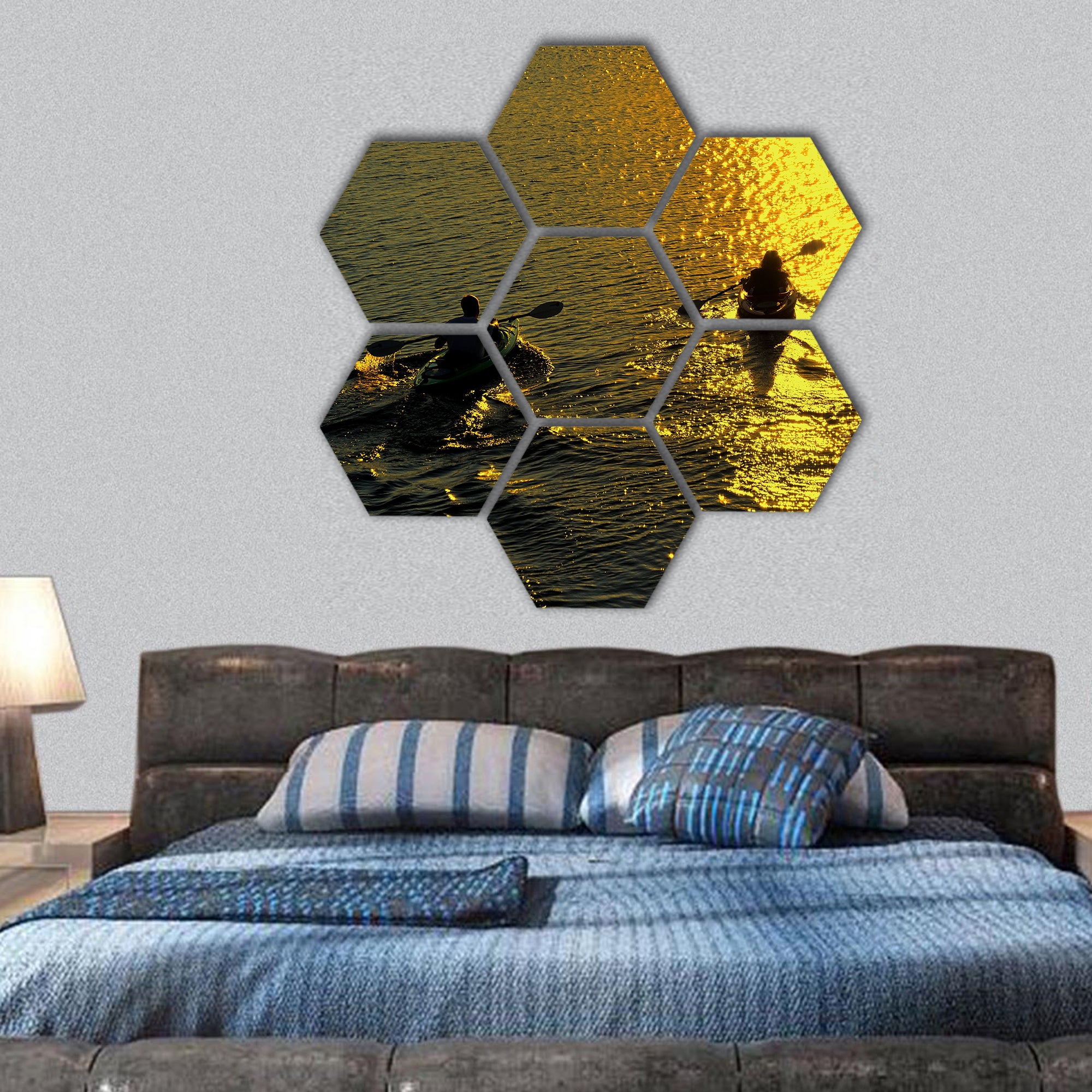 Silhouette of Man and Woman on a Lake hexagonal canvas wall art