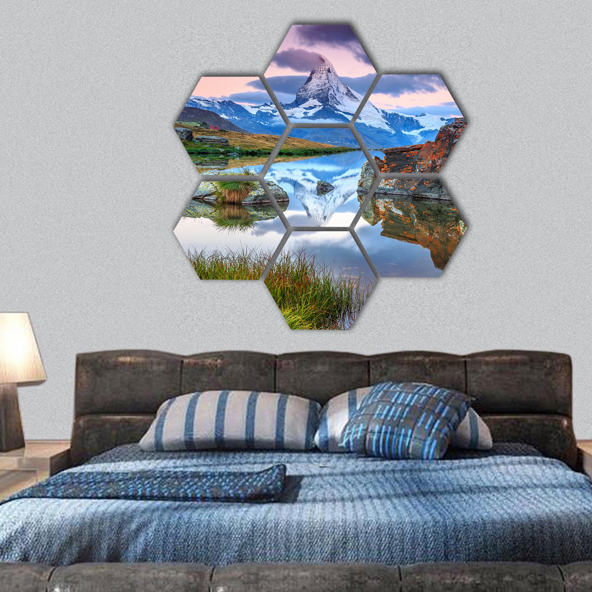 Stunning with Matterhorn and alpine lake, Europe hexagonal canvas wall art