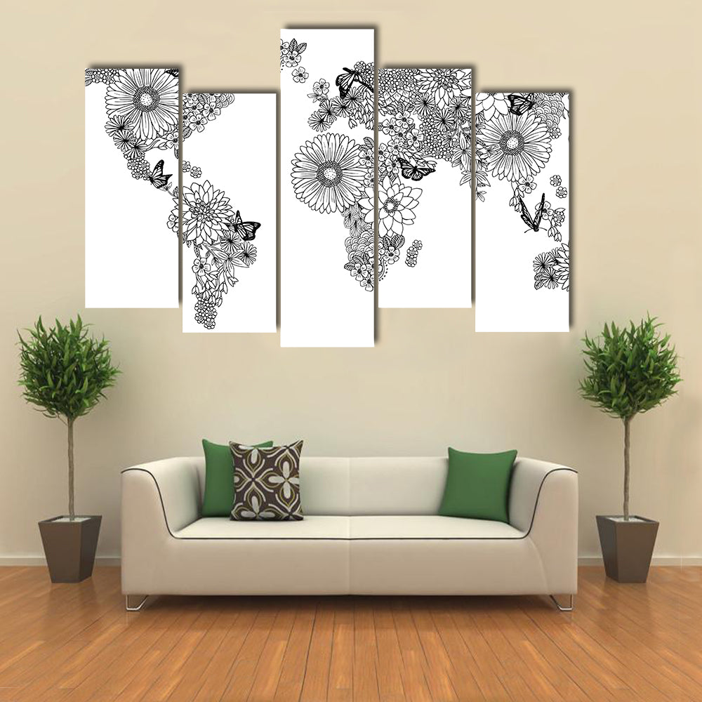 World map made of flowers multi panel canvas wall art