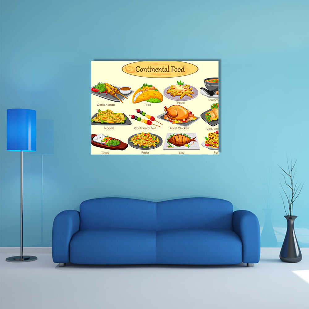 Collection of delicious Continental food in vector Multi panel canvas wall art