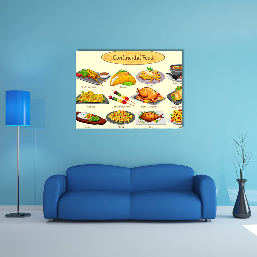 Collection of delicious Continental food in vector Multi panel canvas wall art