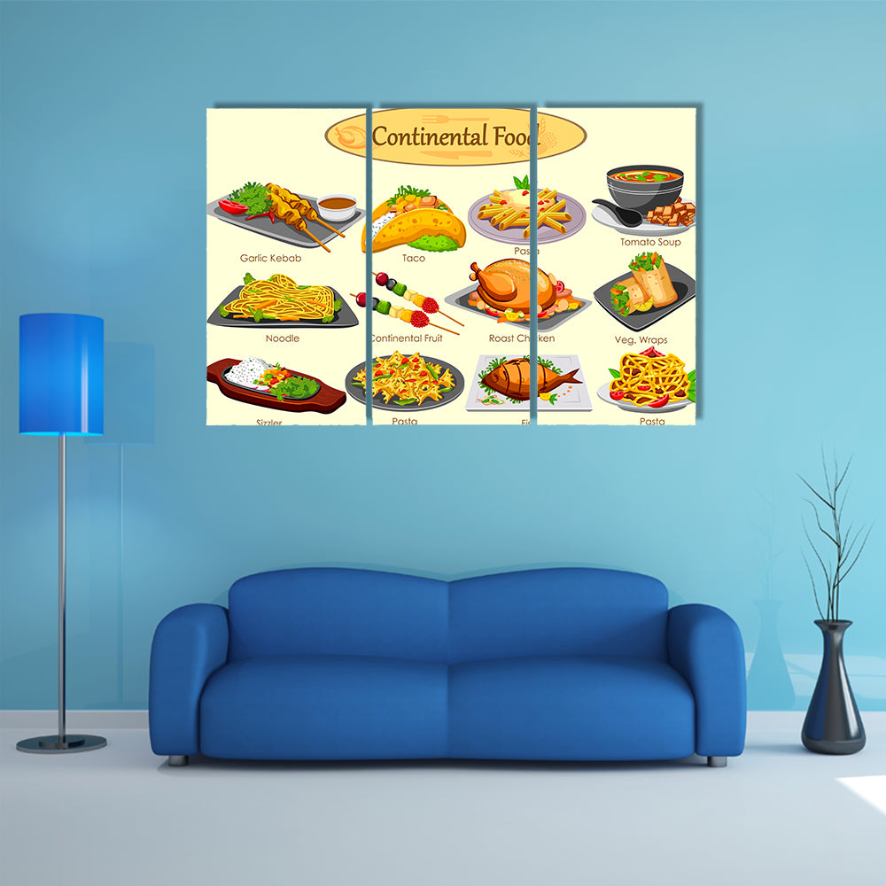 Collection of delicious Continental food in vector Multi panel canvas wall art