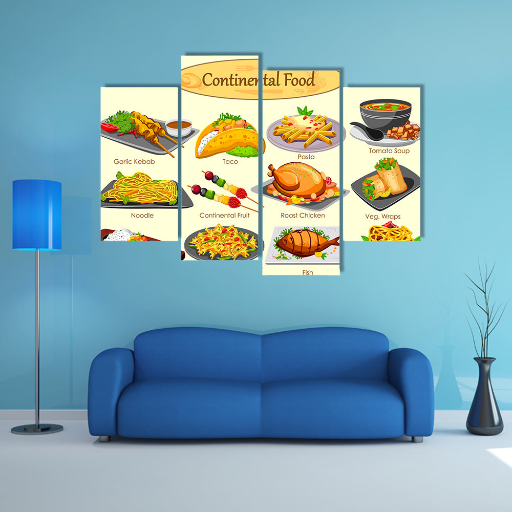 Collection of delicious Continental food in vector Multi panel canvas wall art
