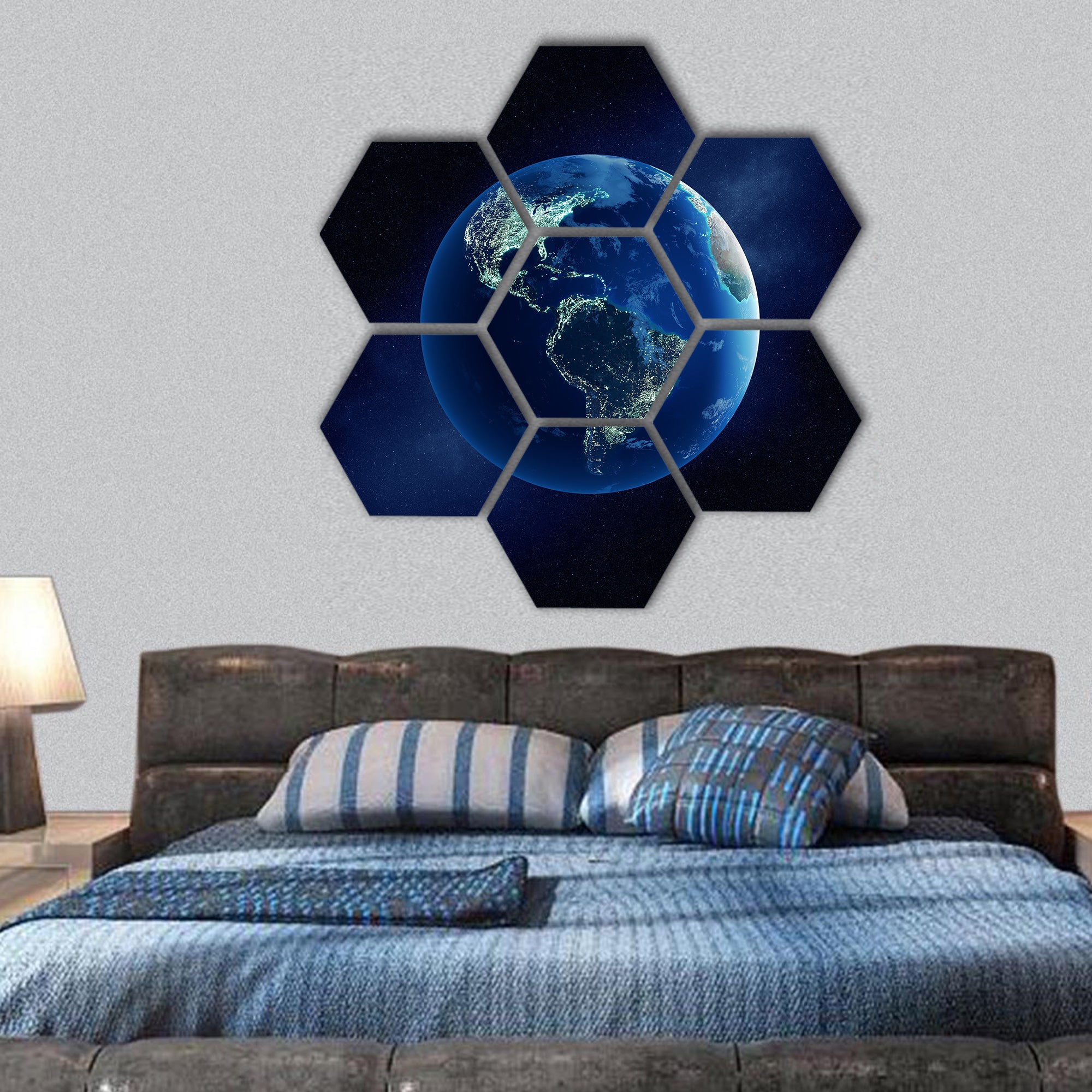 Earth with city lights at night in outer space hexagonal canvas wall art
