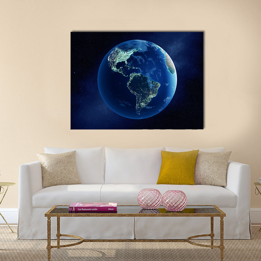 Earth with city lights at night in outer space with North and South America Multi Panel Canvas Wall Art