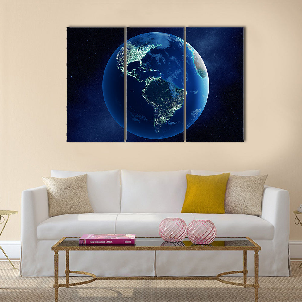 Earth with city lights at night in outer space with North and South America Multi Panel Canvas Wall Art