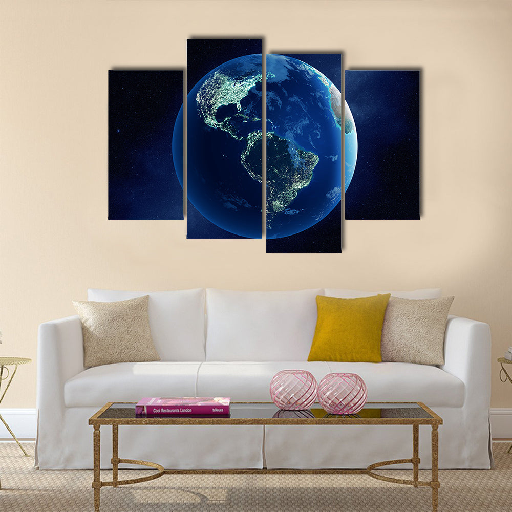 Earth with city lights at night in outer space with North and South America Multi Panel Canvas Wall Art