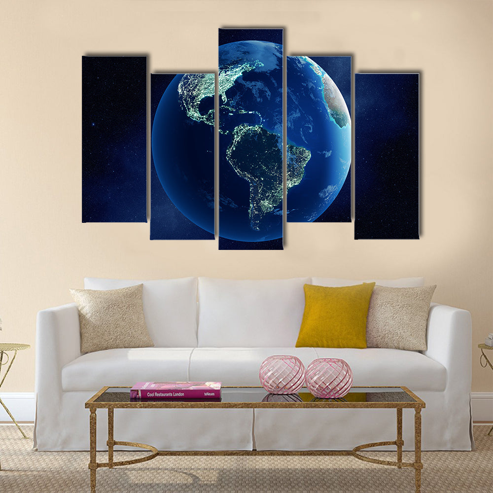 Earth with city lights at night in outer space with North and South America Multi Panel Canvas Wall Art