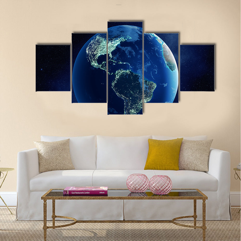 Earth with city lights at night in outer space with North and South America Multi Panel Canvas Wall Art