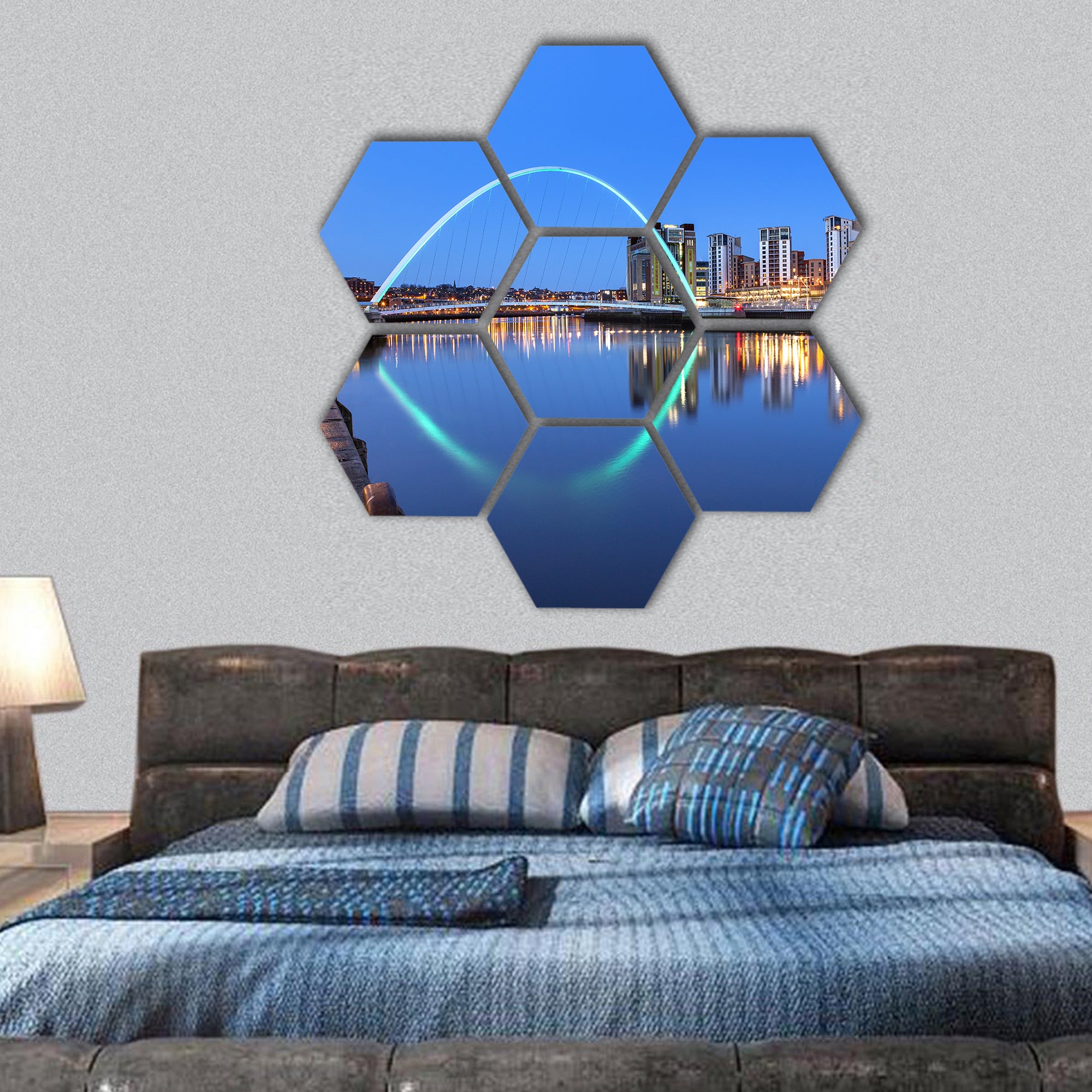 Millennium bridge over river Tyne , England hexagonal canvas wall art