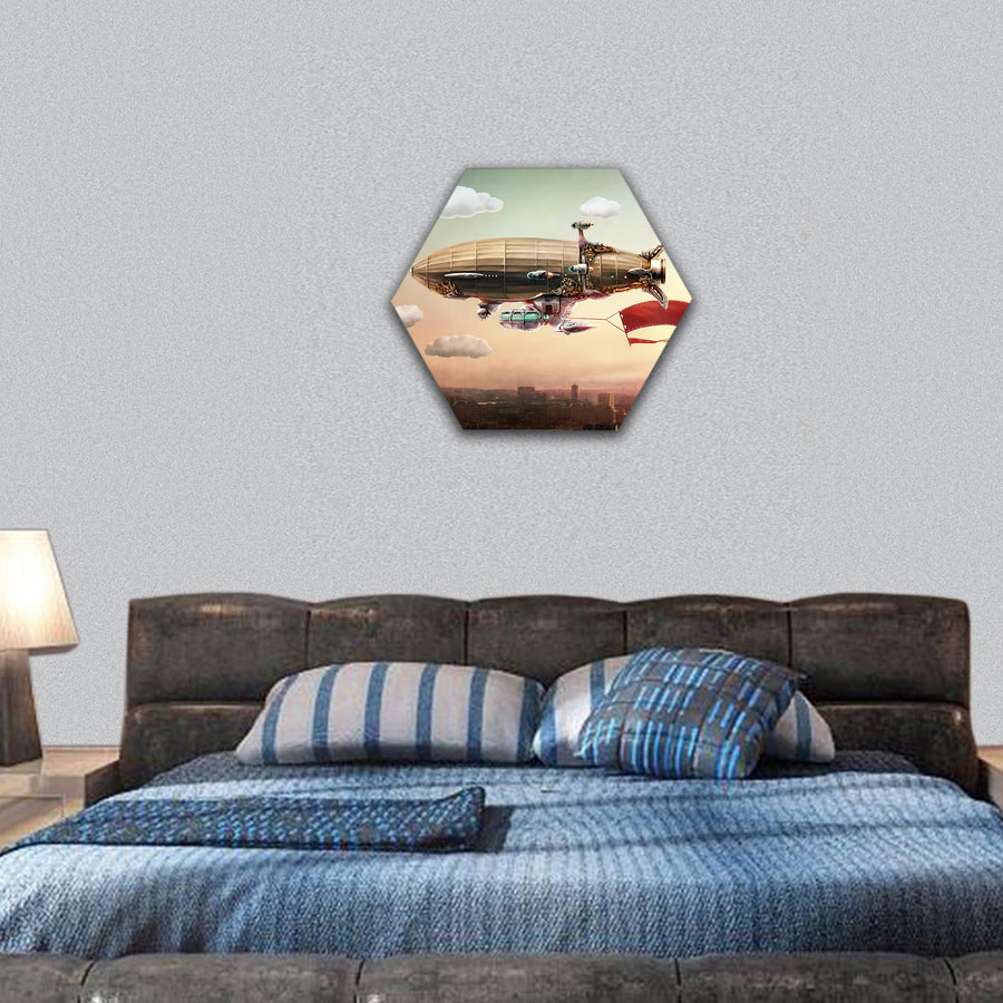 Dirigible with a banner, in the sky over a city hexagonal canvas wall art