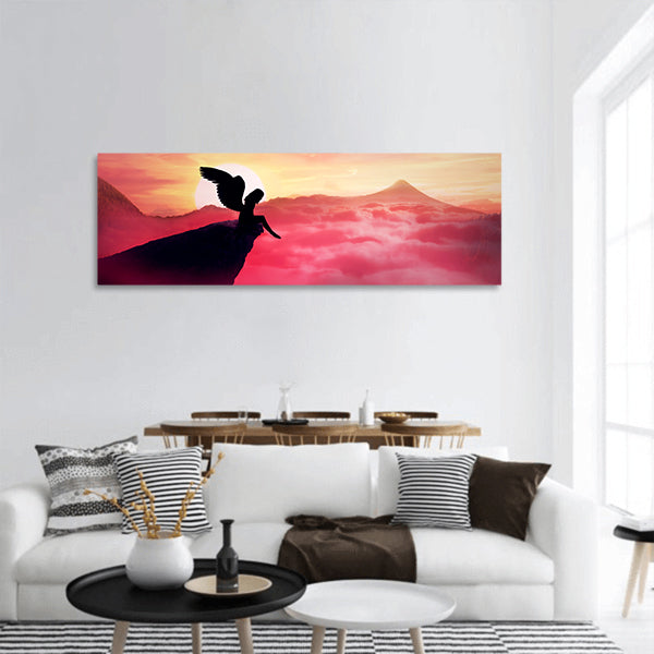 Silhouette of a lonely fallen angel panoramic canvas wall art