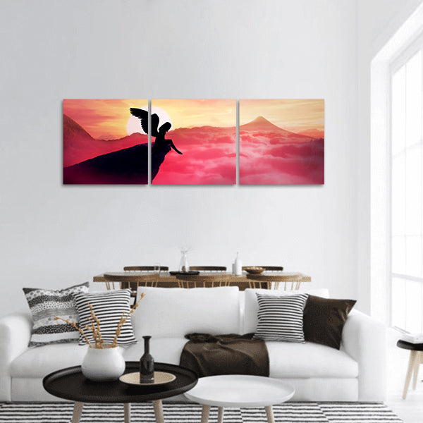 Silhouette of a lonely fallen angel panoramic canvas wall art