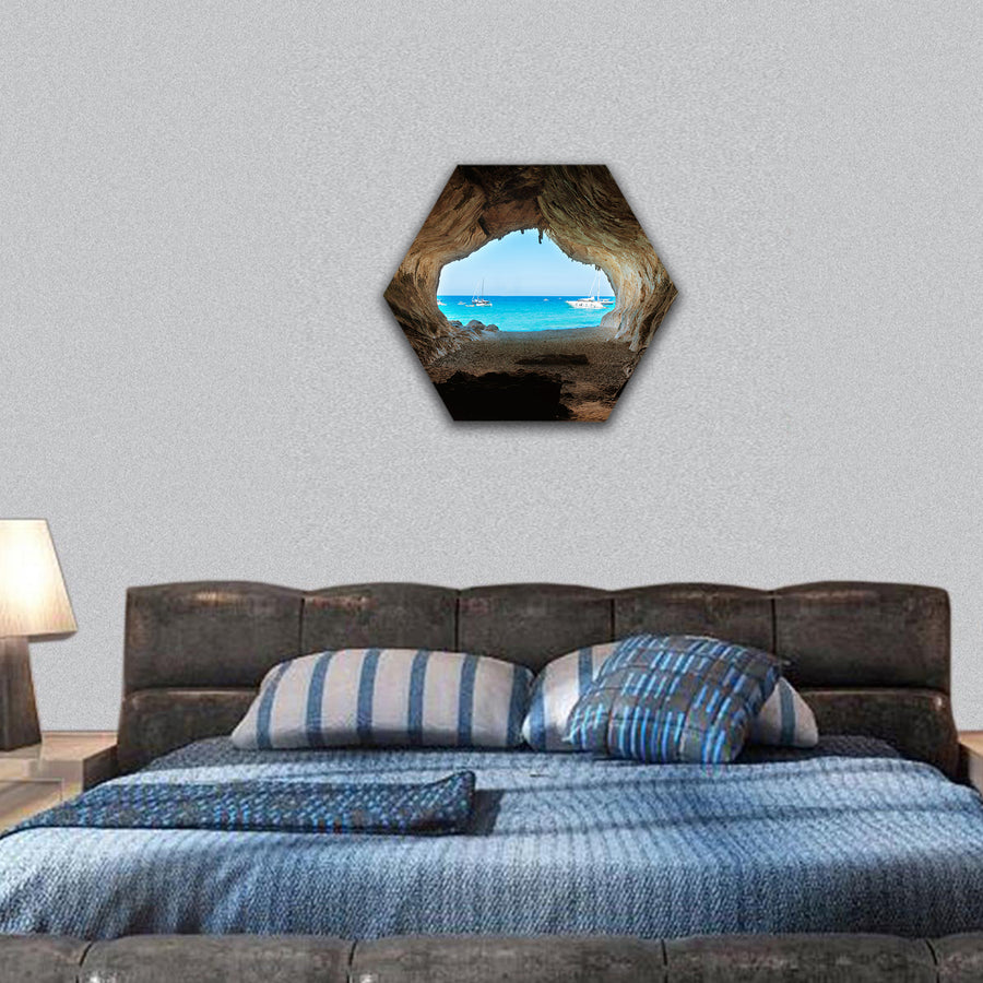 big cave to beach and blue sea , Mediterranean coast, hexagonal canvas wall art