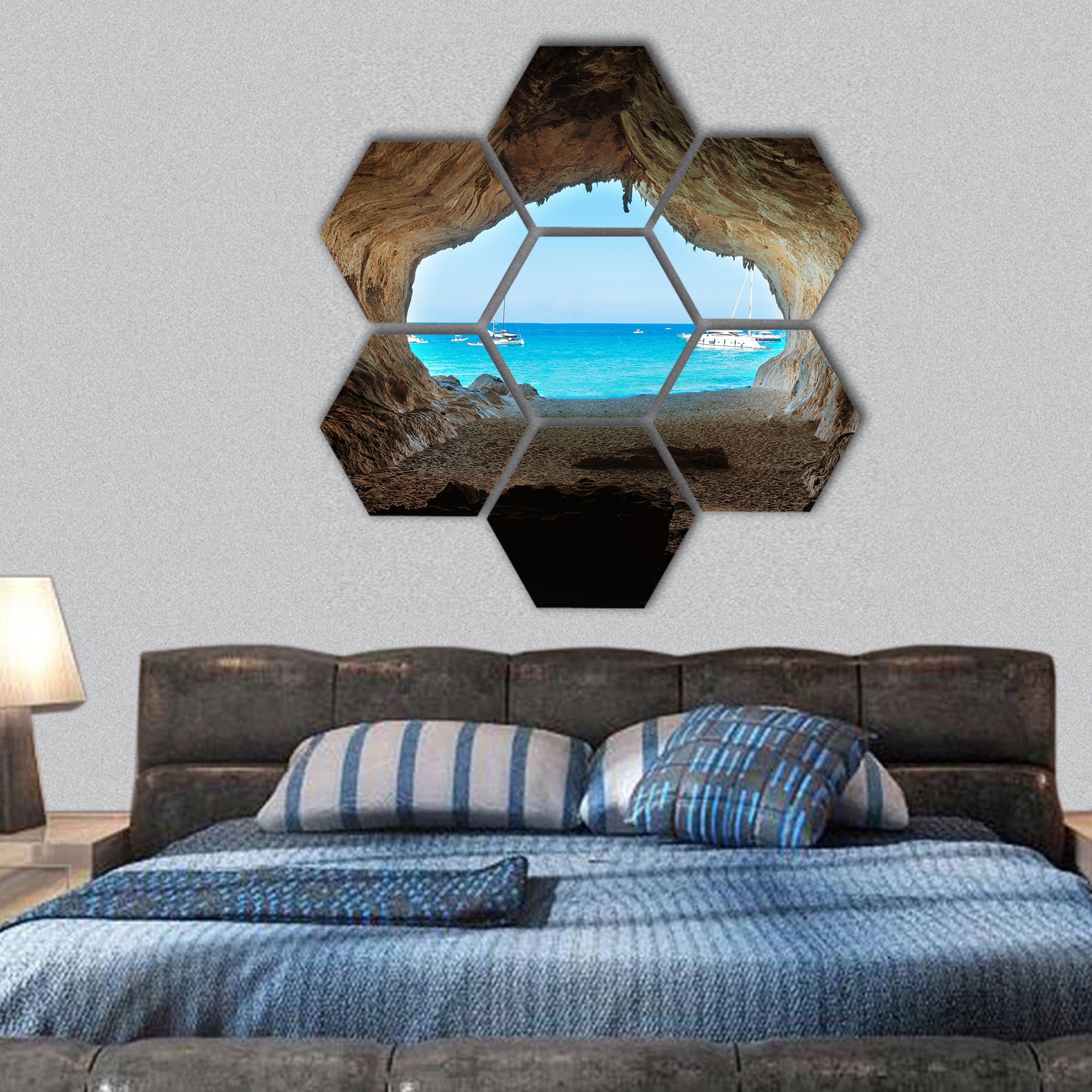 big cave to beach and blue sea , Mediterranean coast, hexagonal canvas wall art