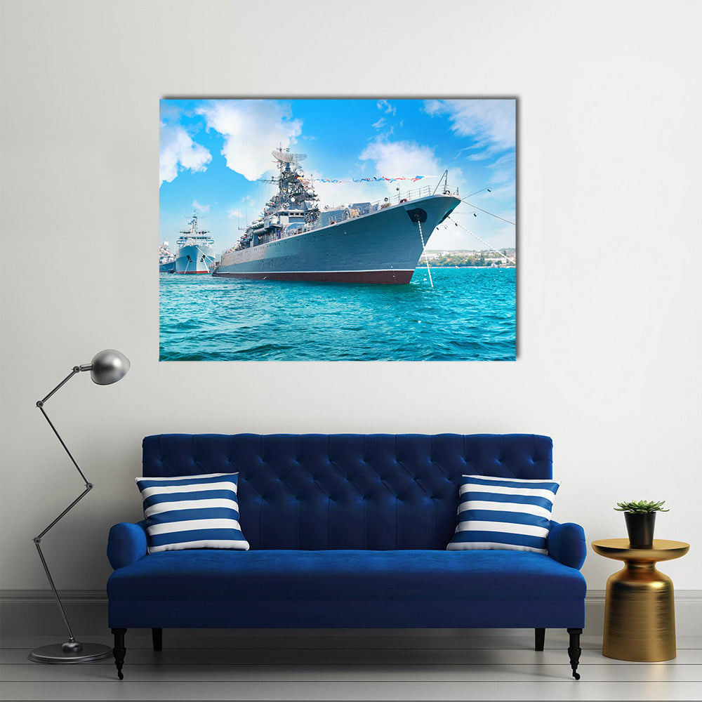 Navy Ship On A Waterbody Going To Face The Enemeny’s Navy, Multi Panel Canvas Wall Art