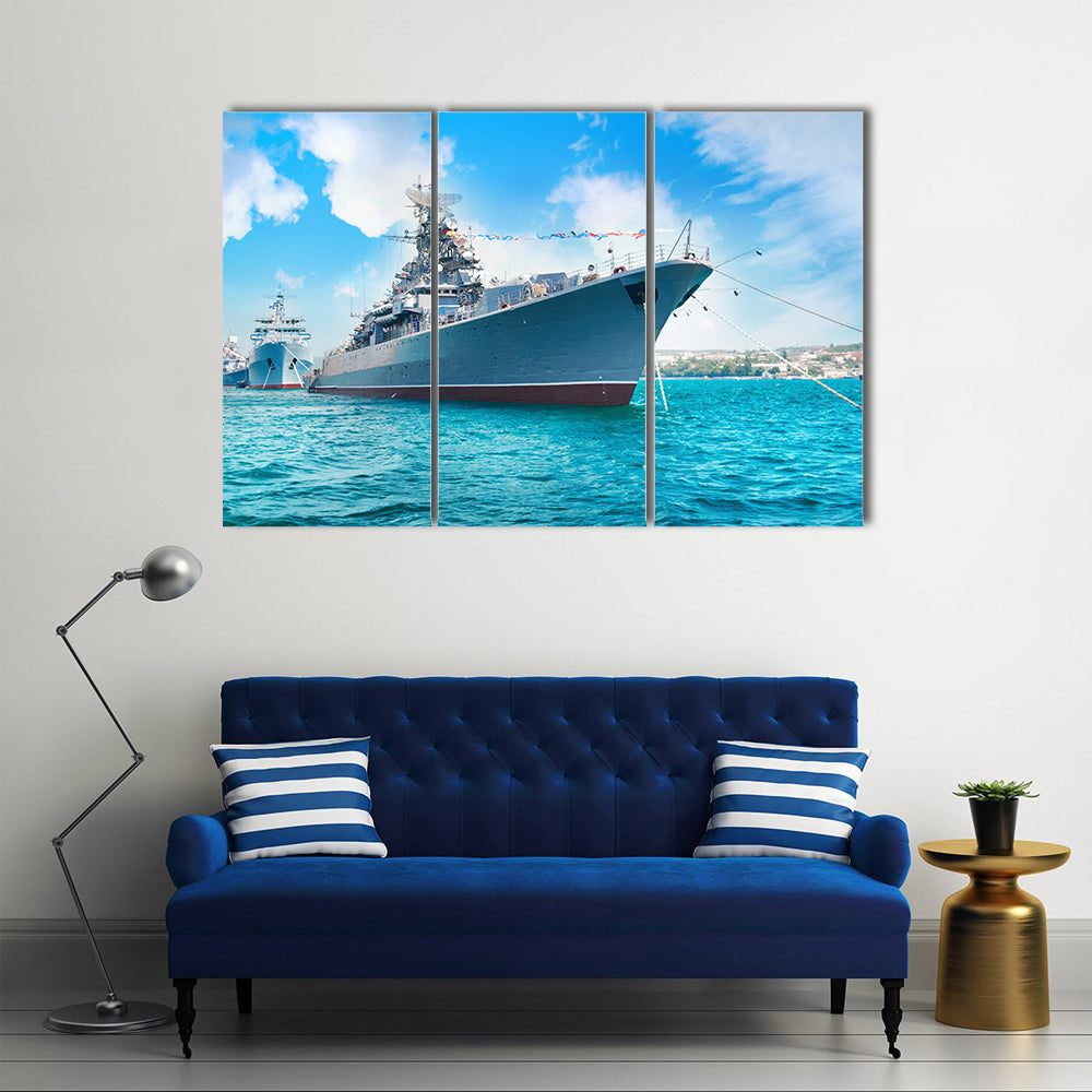 Navy Ship On A Waterbody Going To Face The Enemeny’s Navy, Multi Panel Canvas Wall Art